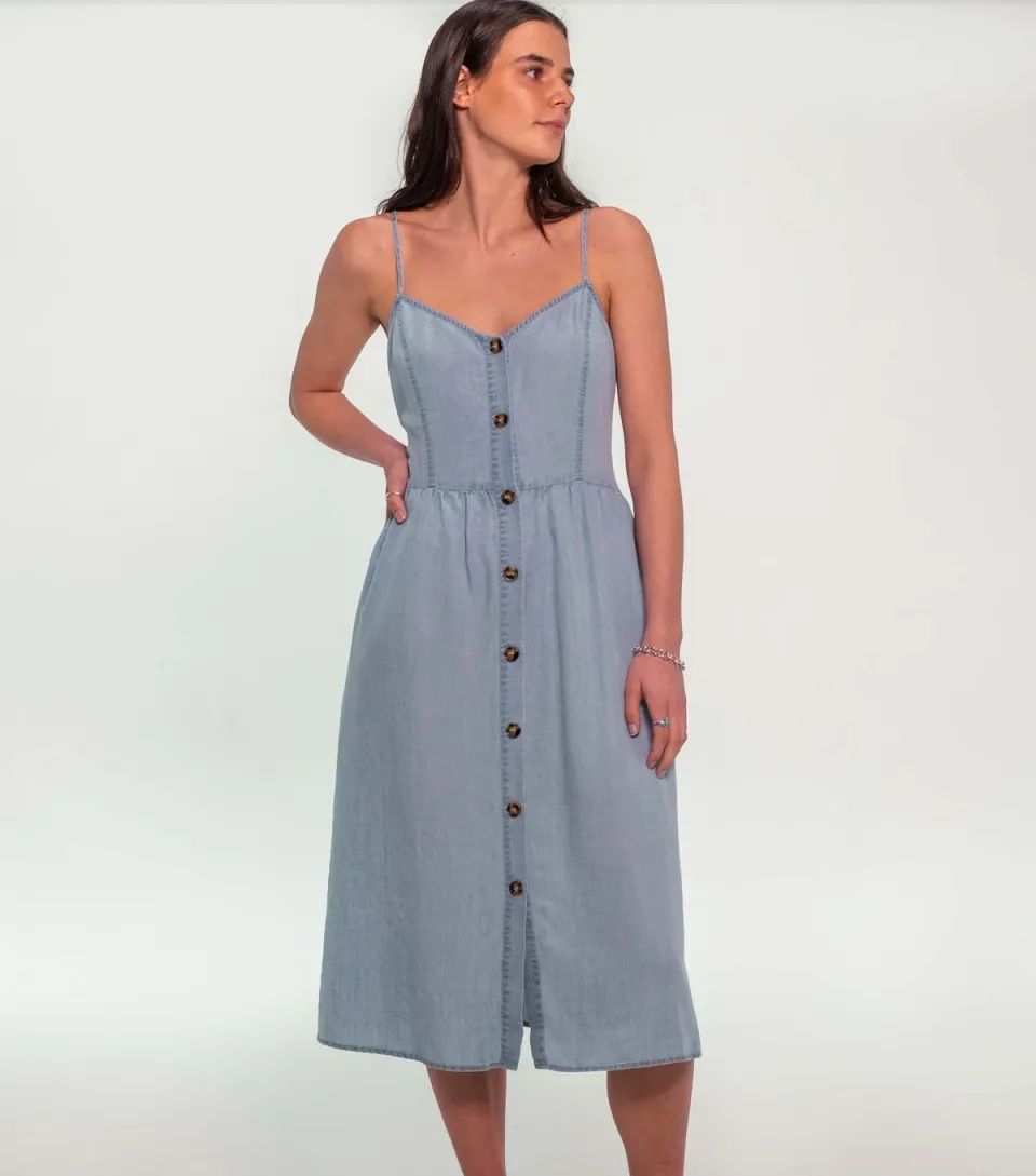 Women's Light Blue Chambray Button Front Cami Midi Dress