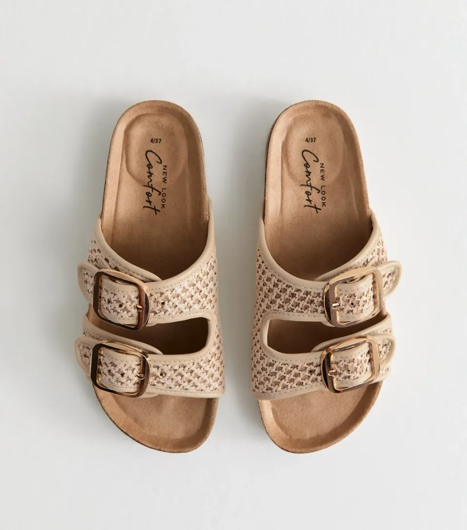 Women's Off White Raffia Look Buckled Strap Mule Sandals