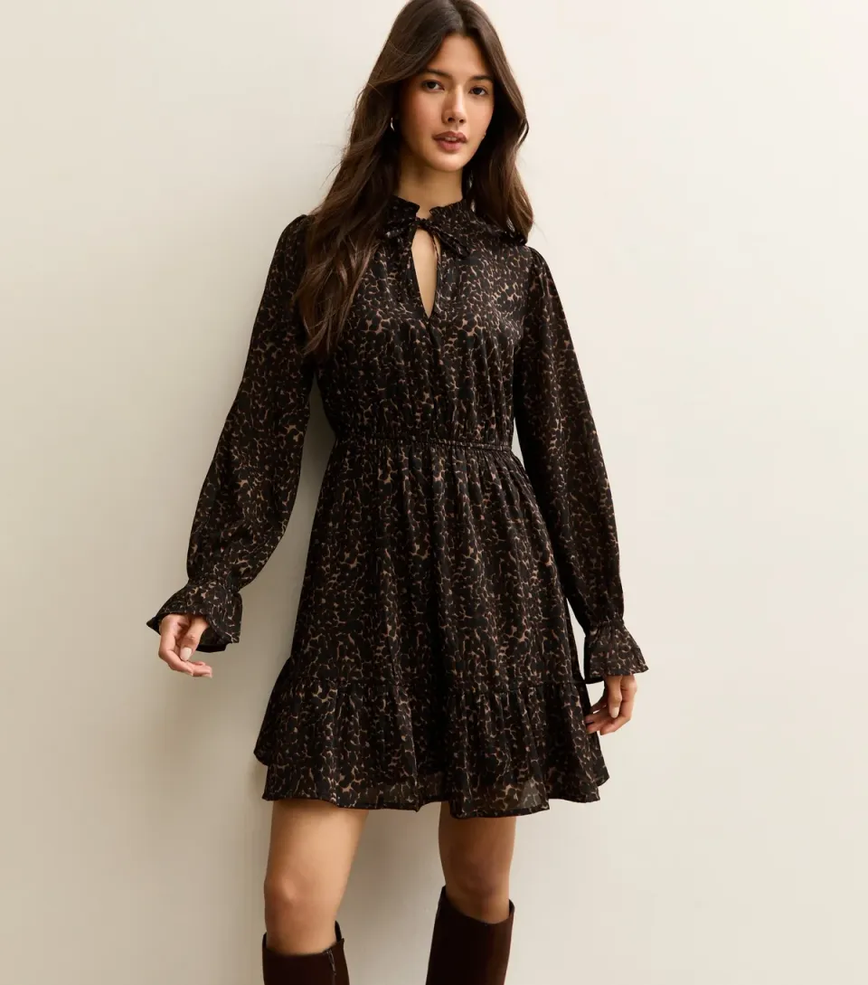 Women's Brown Animal Print Tie Neck Mini Dress