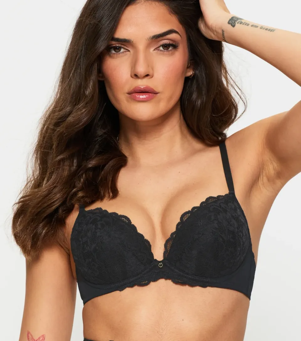 Women's Black Lace Padded Plunge Bra