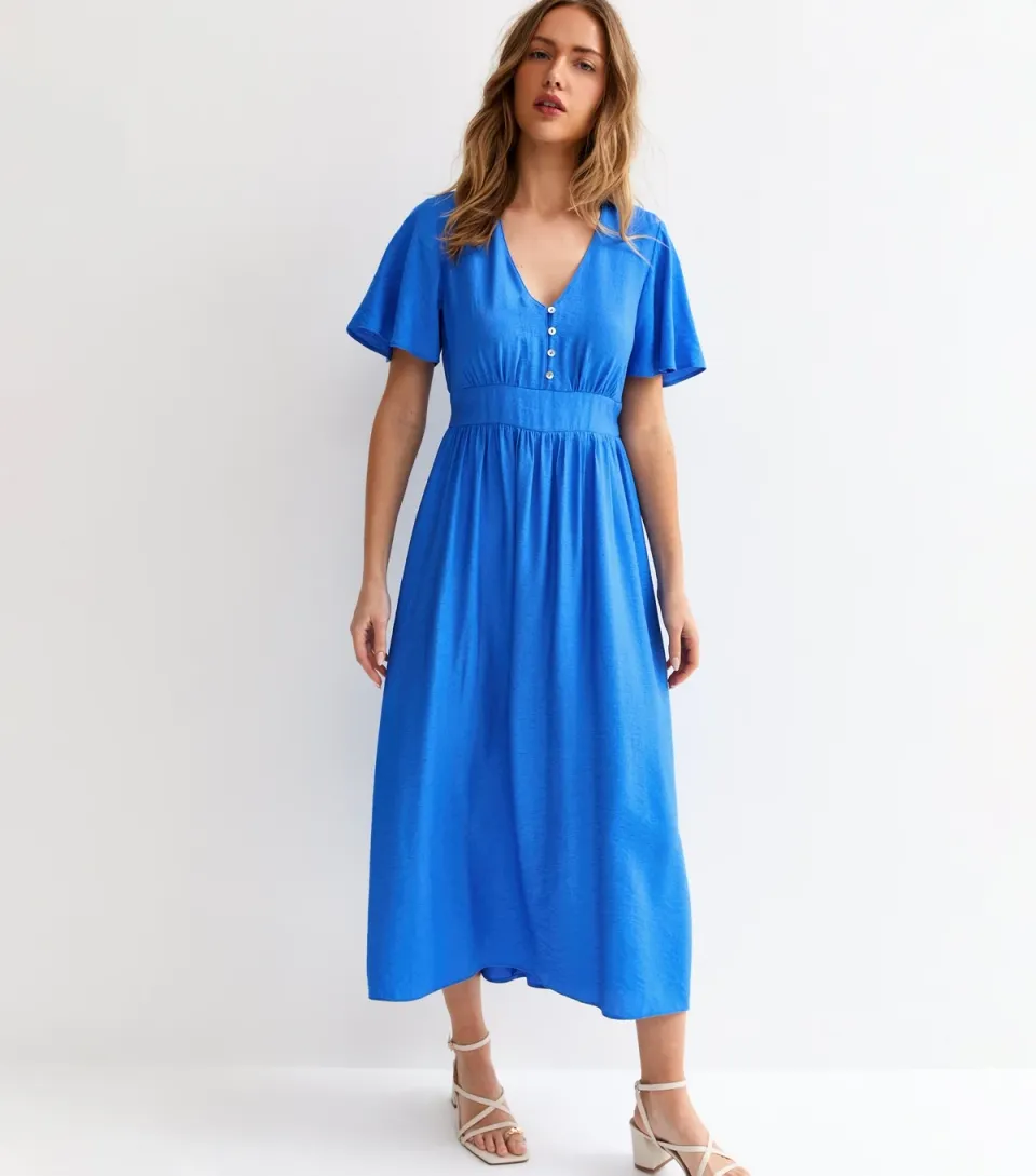 Women's Bright Blue Frill Sleeve V Neck Midi Dress