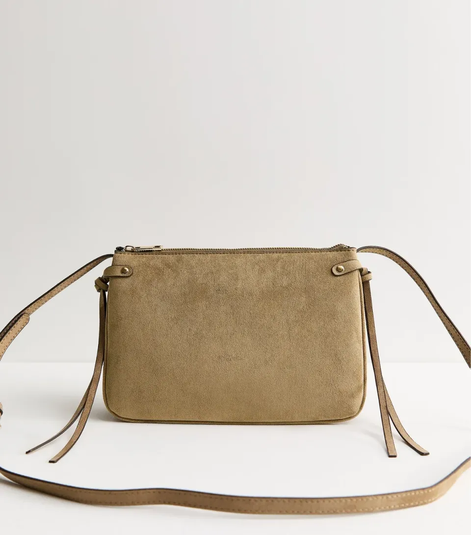 Mink Faux Suede Triple Compartment Crossbody Bag Vegan
