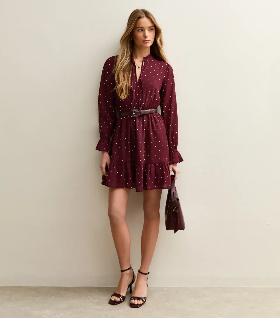 Women's Red Chiffon Polka Dot Tie Neck Mini Dress