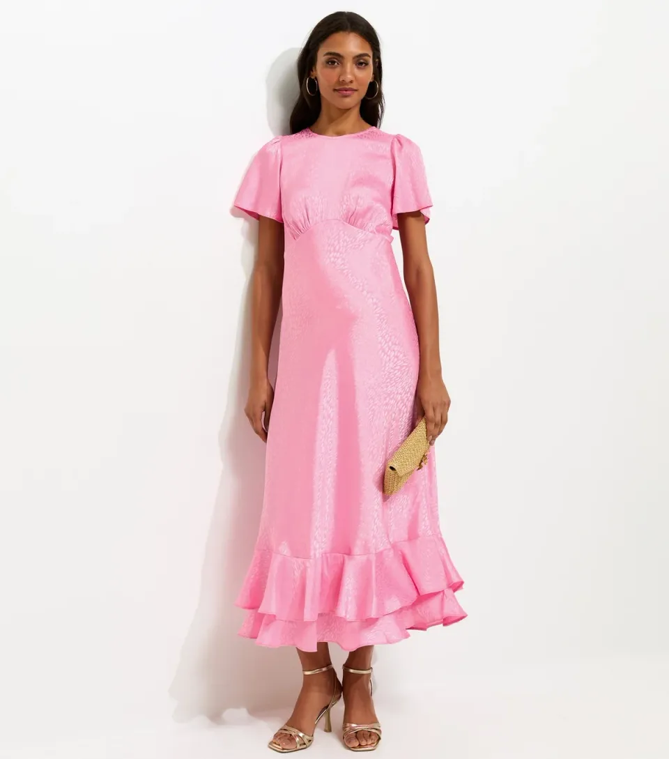 Women's Maternity Pale Pink Satin Ruffled Hem Midi Dress