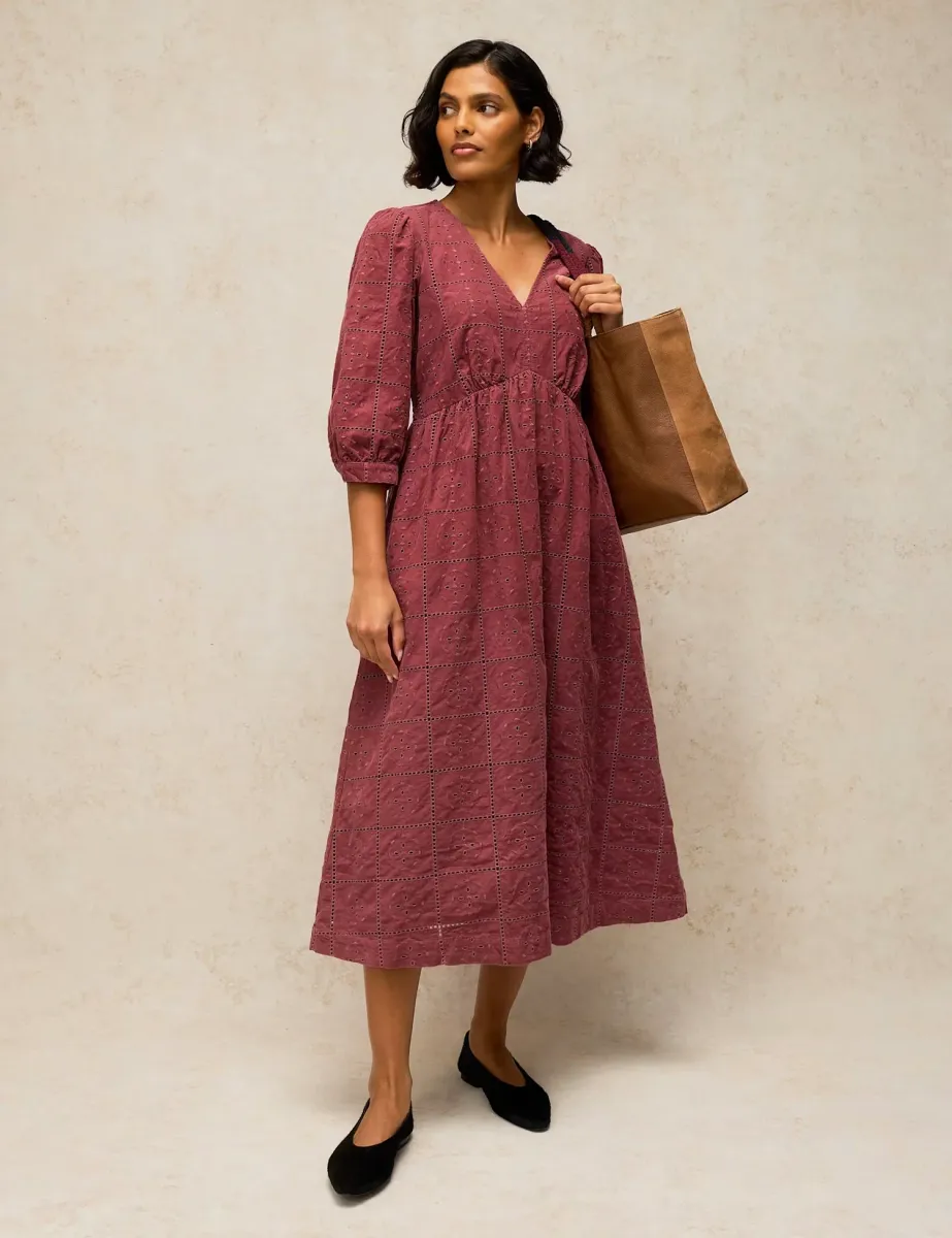 Pure Cotton Embroidered V Neck Knee Length Dress