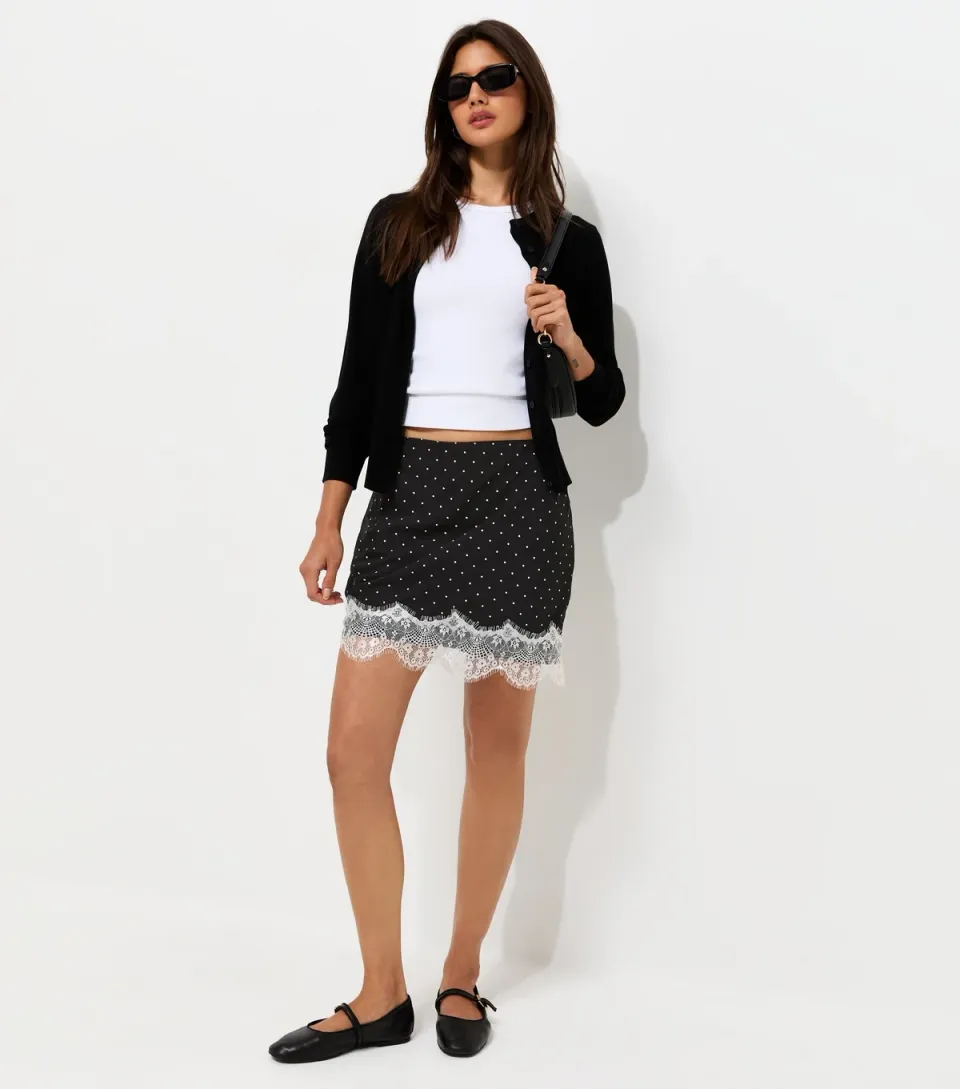 Women's Black Spot Print Lace Trim Mini Skirt