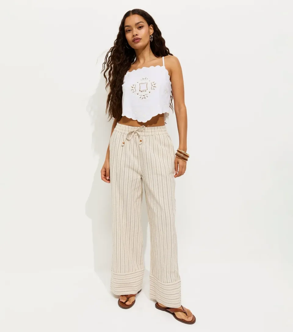 Women's Petite Cream Cotton Rich Striped Wide Leg Trousers