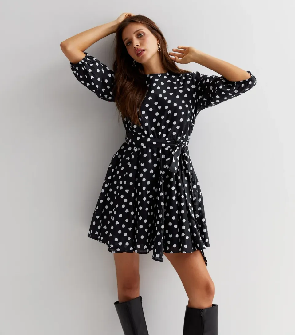 Women's Blue Heart Spot 3/4 Puff Sleeve Mini Dress