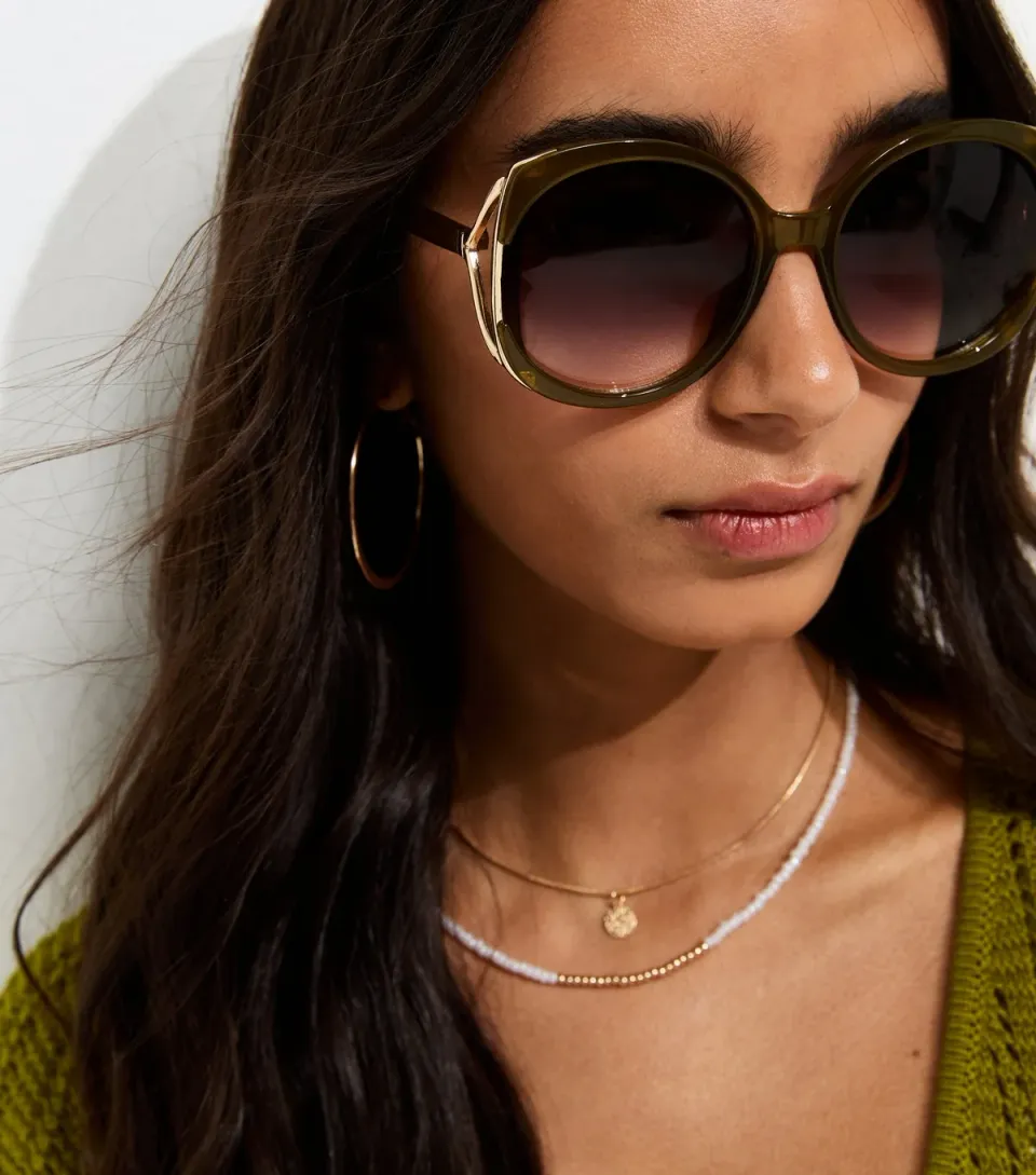 Mink Oversized Round Temple Detail Sunglasses