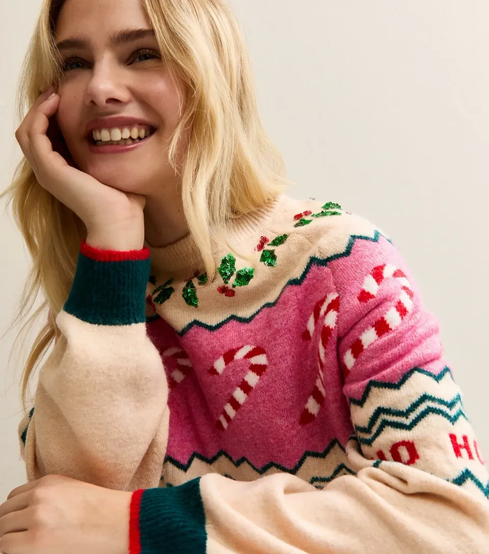 Women's Oatmeal Candy Cane Christmas Jumper