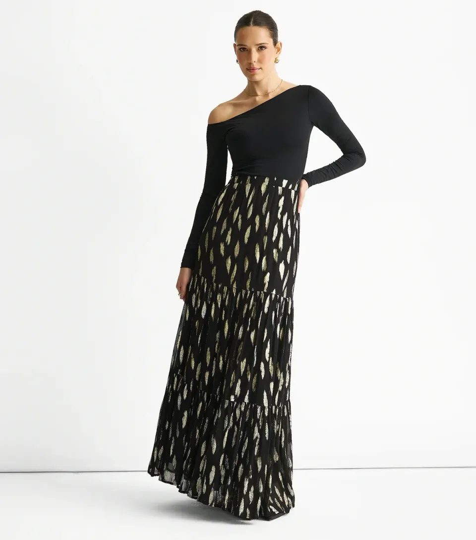 Women's Black Jacquard Tiered Maxi Skirt