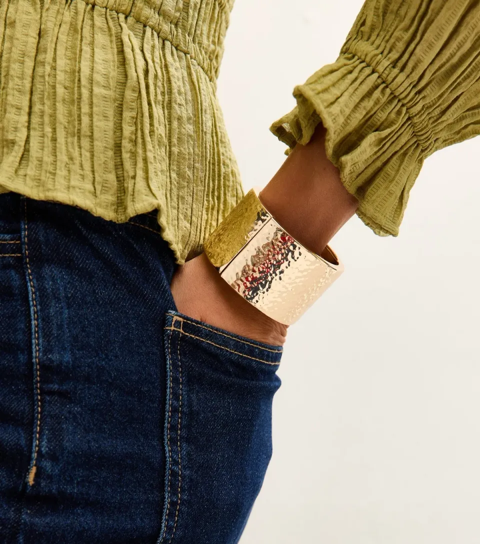 Gold Tone Hammered Texture Chunky Cuff