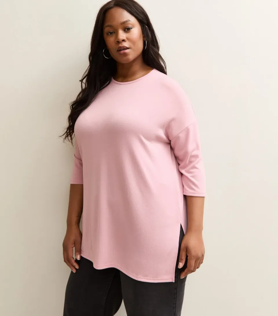 Women's Plus Size Mid Pink Cropped Sleeve Longline Jumper Curves