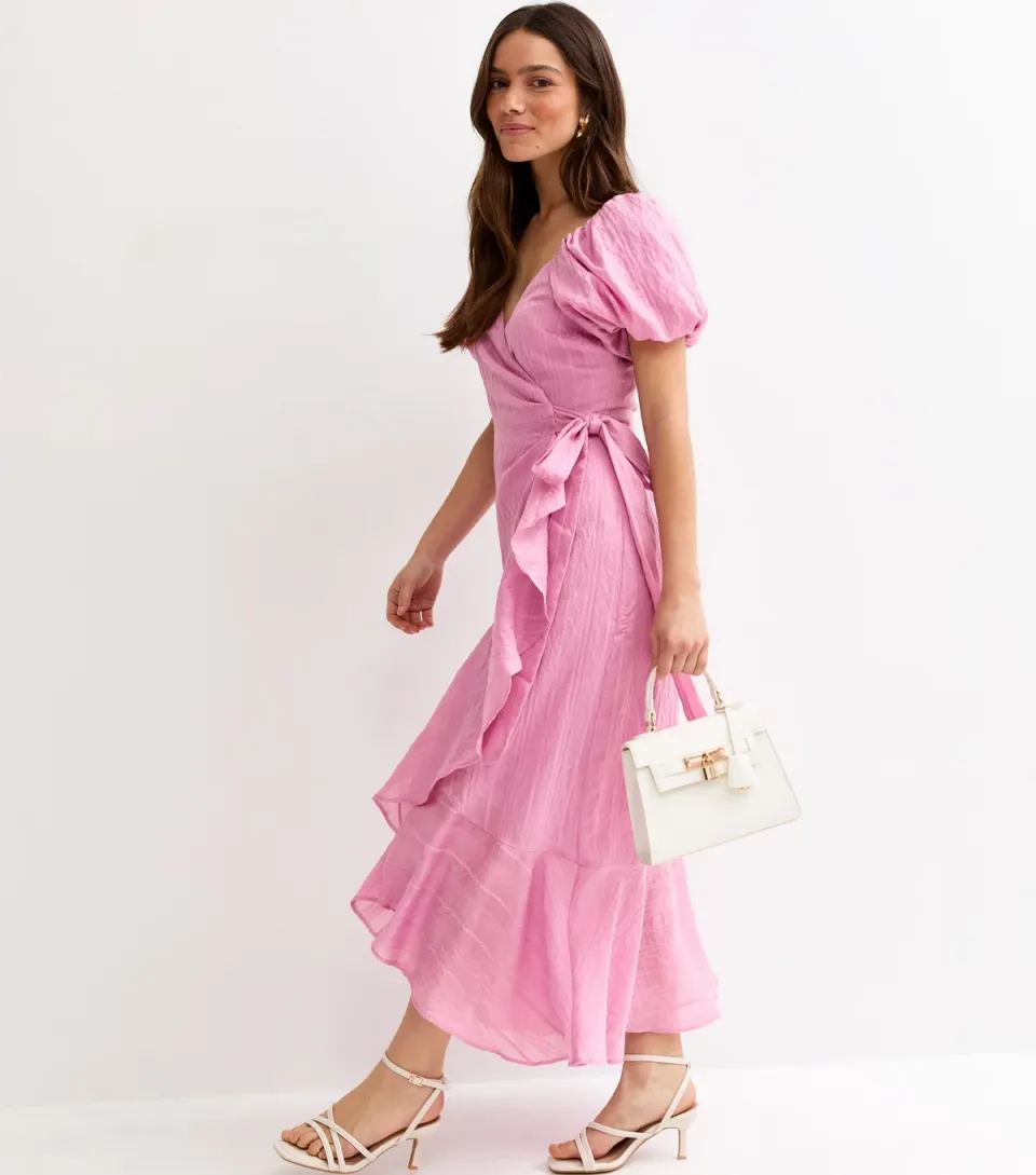 Women's Petite Light Pink Textured Ruffled Wrap Midi Dress