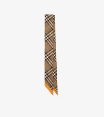 Skinny Contrast Check Silk Scarf in Vole brown/pea green