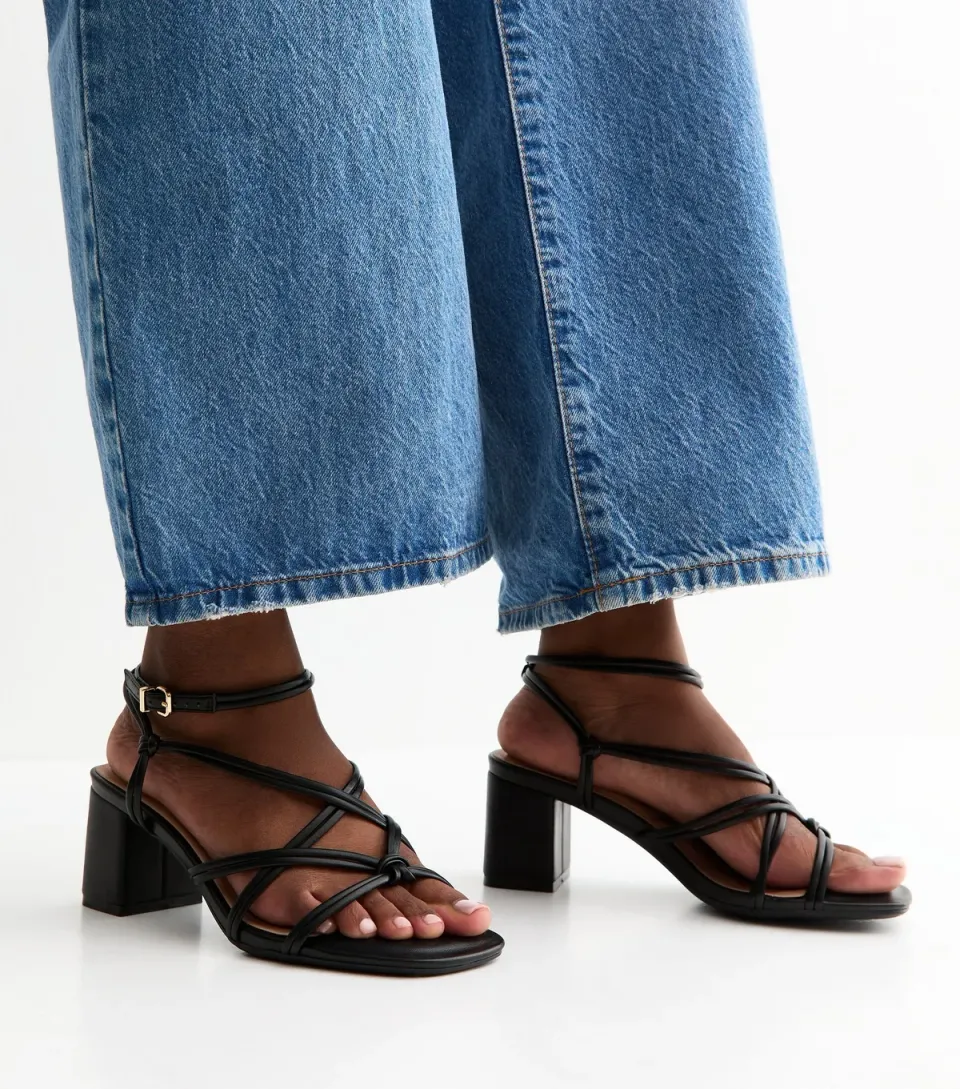 Women's Wide Fit Black Faux Leather Strappy Block Heel Sandals Vegan
