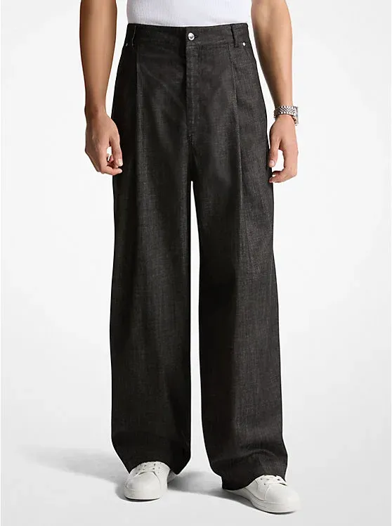Pleated Chambray Wide-Leg Jeans