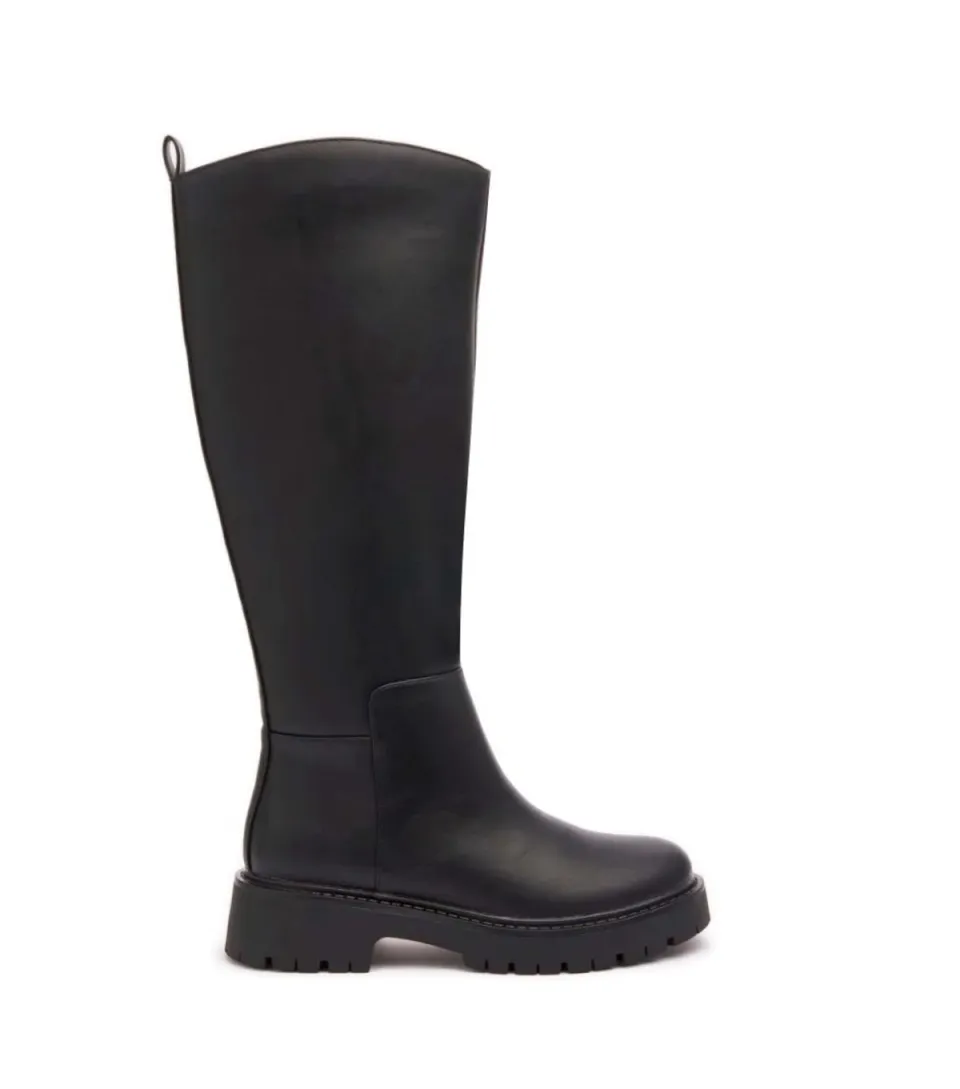 Women's Black Faux Leather Knee High Chunky Boots