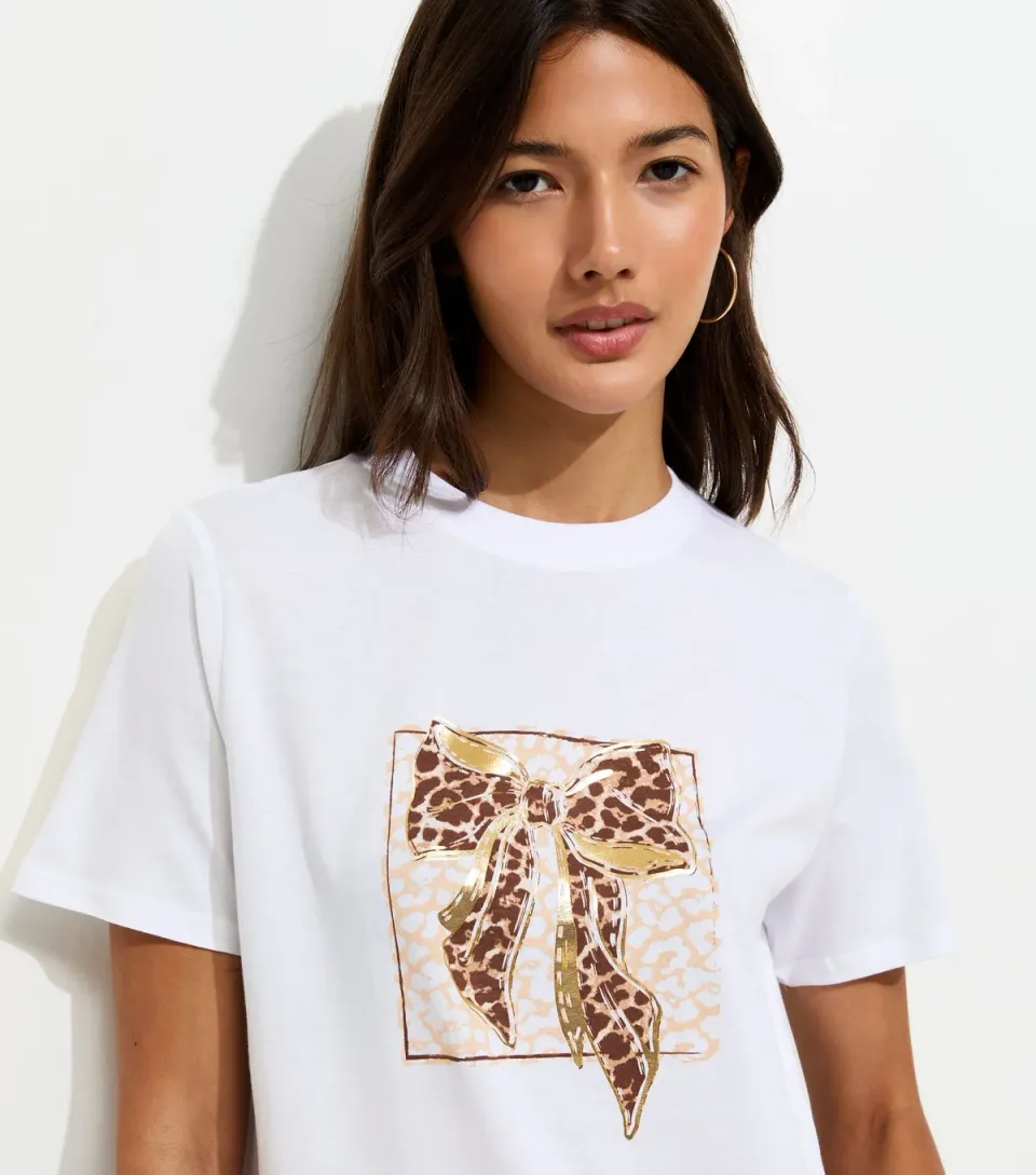 Women's White Cotton Leopard Print Bow Relaxed T-Shirt