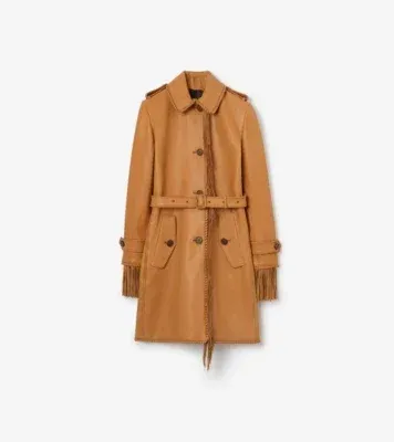 Short Fringed Leather Car Coat in Sand brown