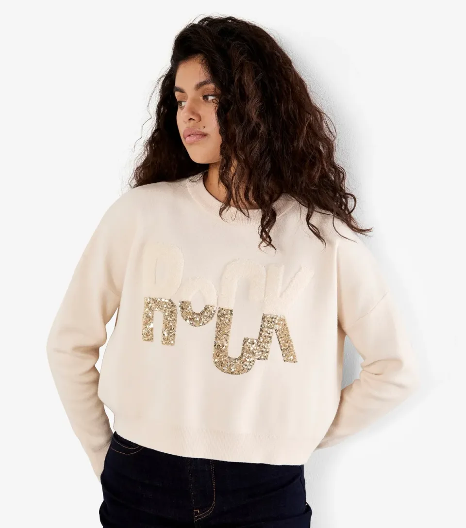 Women's Cream Rock Slogan Cropped Jumper