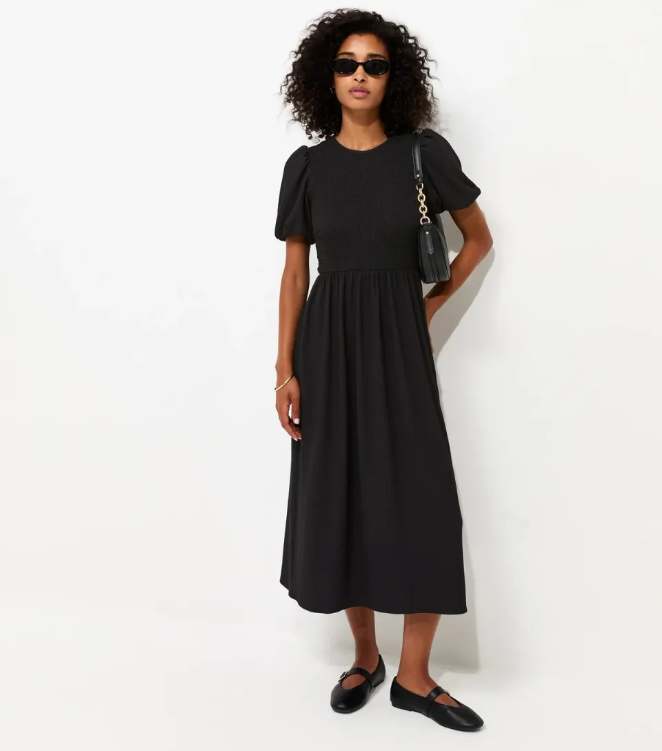 Women's Black Shirred Bodice Textured Midi Dress
