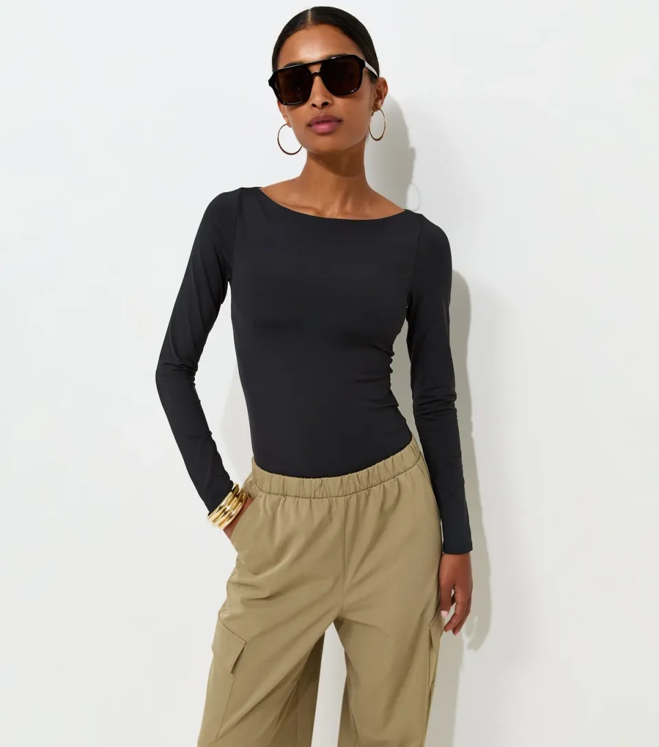 Women's Black Slinky Long Sleeve Slash Neck Bodysuit