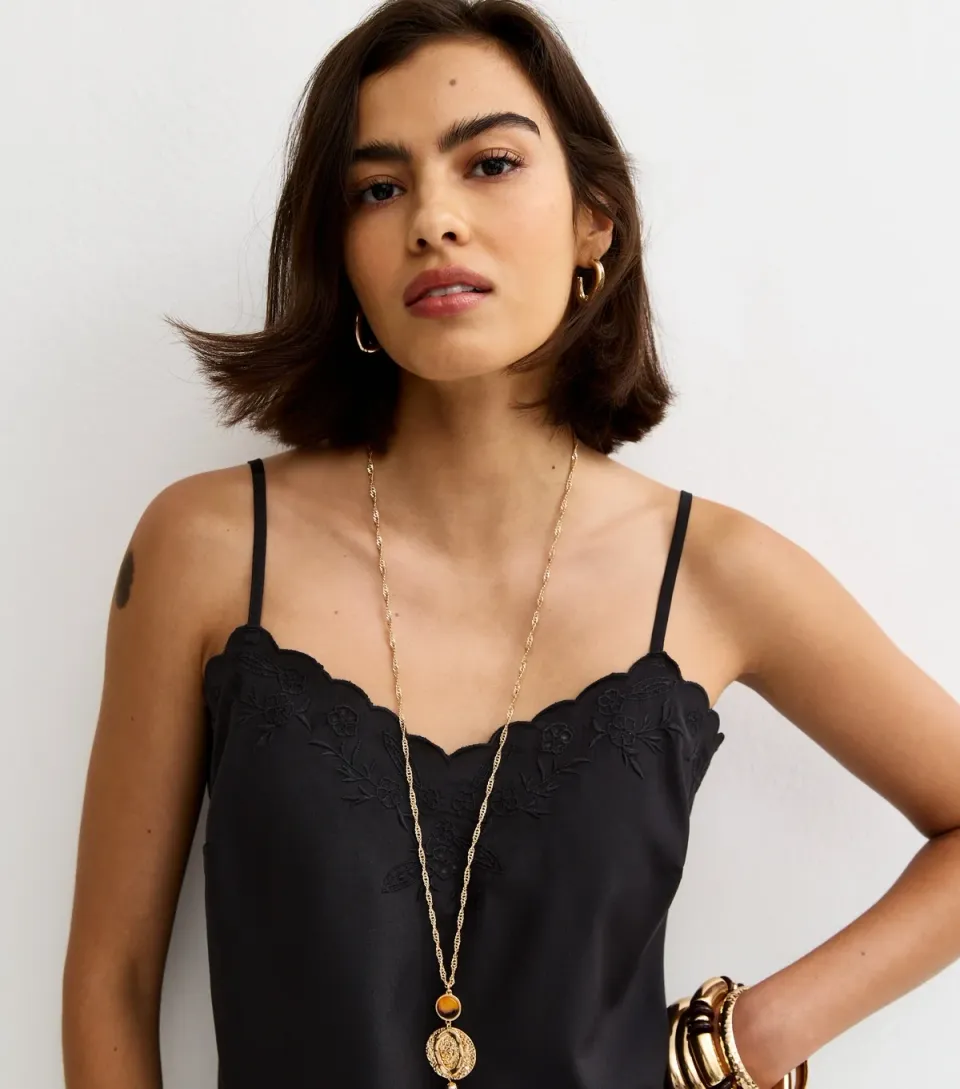 Women's Black Embroidered Strappy Cami Top