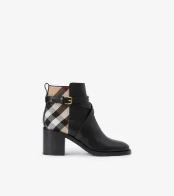 Check and Leather Heel Boots in Black/archive beige