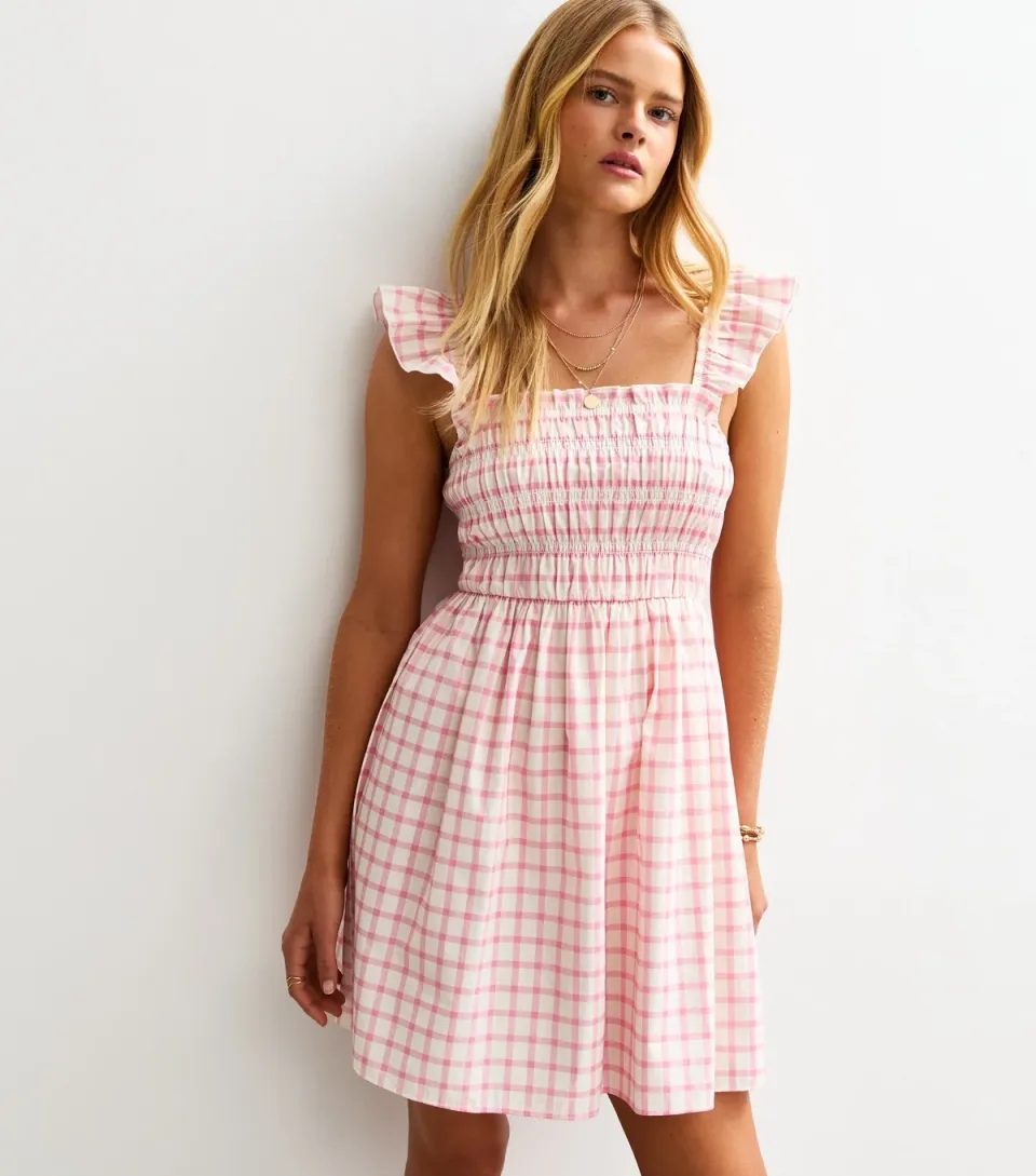 Women's Pink Gingham Print Shirred Frill Strap Mini Dress
