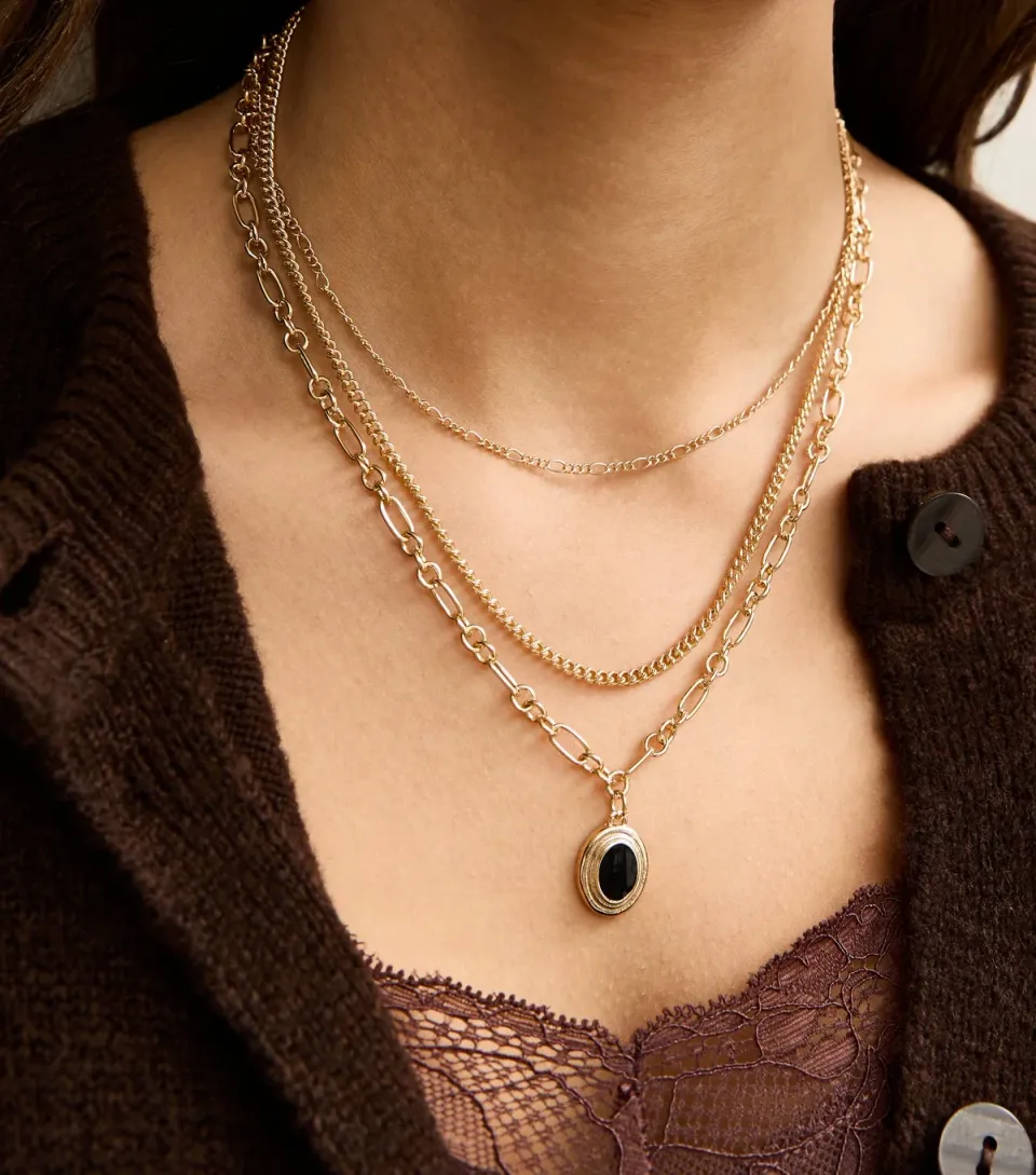 Gold Tone 3- Layer Sleek Chain Oval Pendant Necklace.