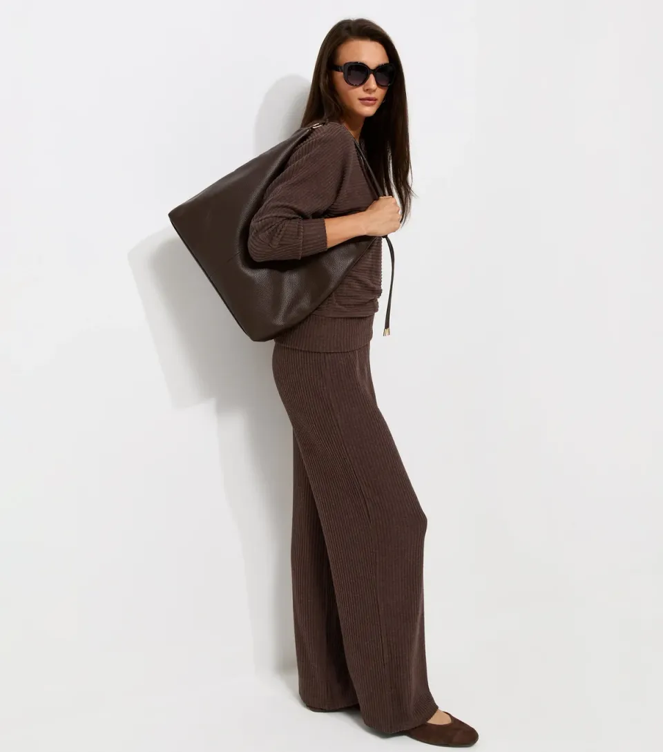 Women's Dark Brown Soft Touch Ribbed Wide Leg Trousers