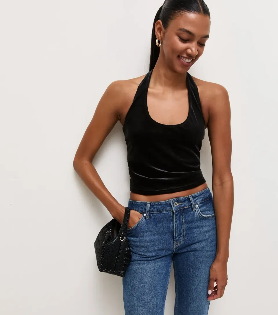 Women's Black Velvet Scoop Halter Neck Crop Top