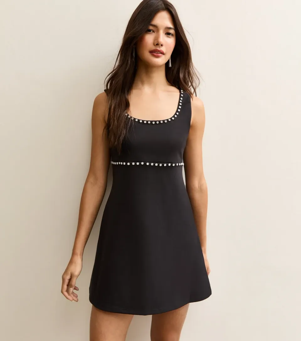 Women's Black Diamante Trim Scoop Neck Mini Dress