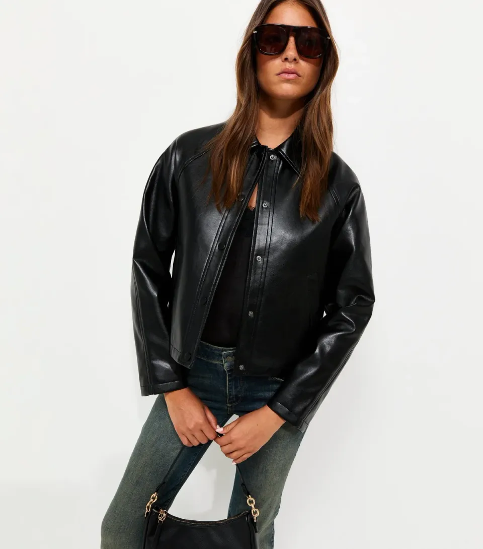 Women's Black Faux Leather Collared Jacket