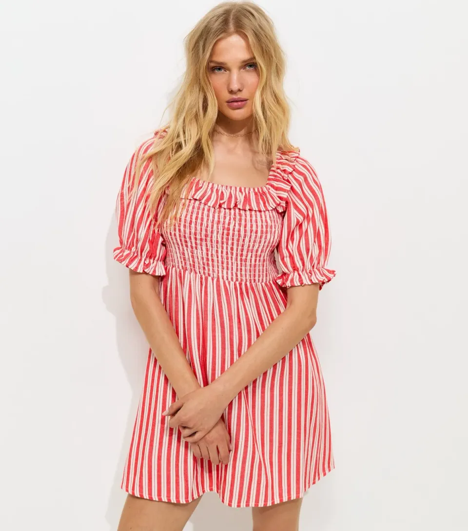 Women's Red Striped Short Sleeve Shirred Frill Mini Dress