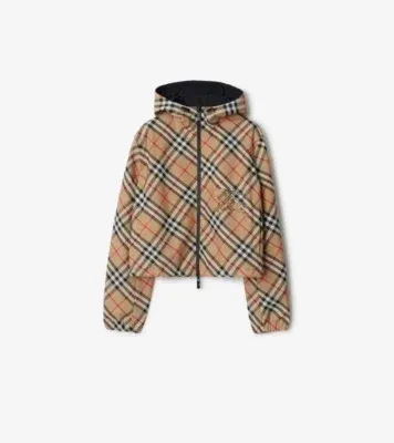 Cropped Reversible Check Hooded Jacket in Sand beige - Women, Nylon