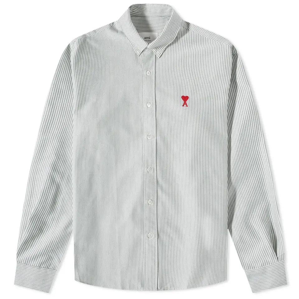 AMI Heart Striped Button Down Oxford Shirt
