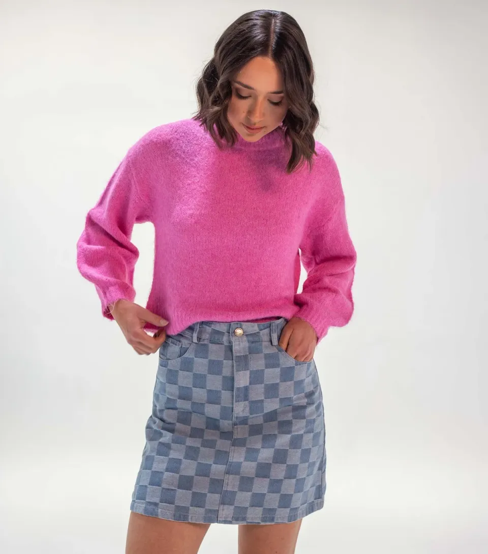 Women's Light Blue Check Chambray Mini Skirt