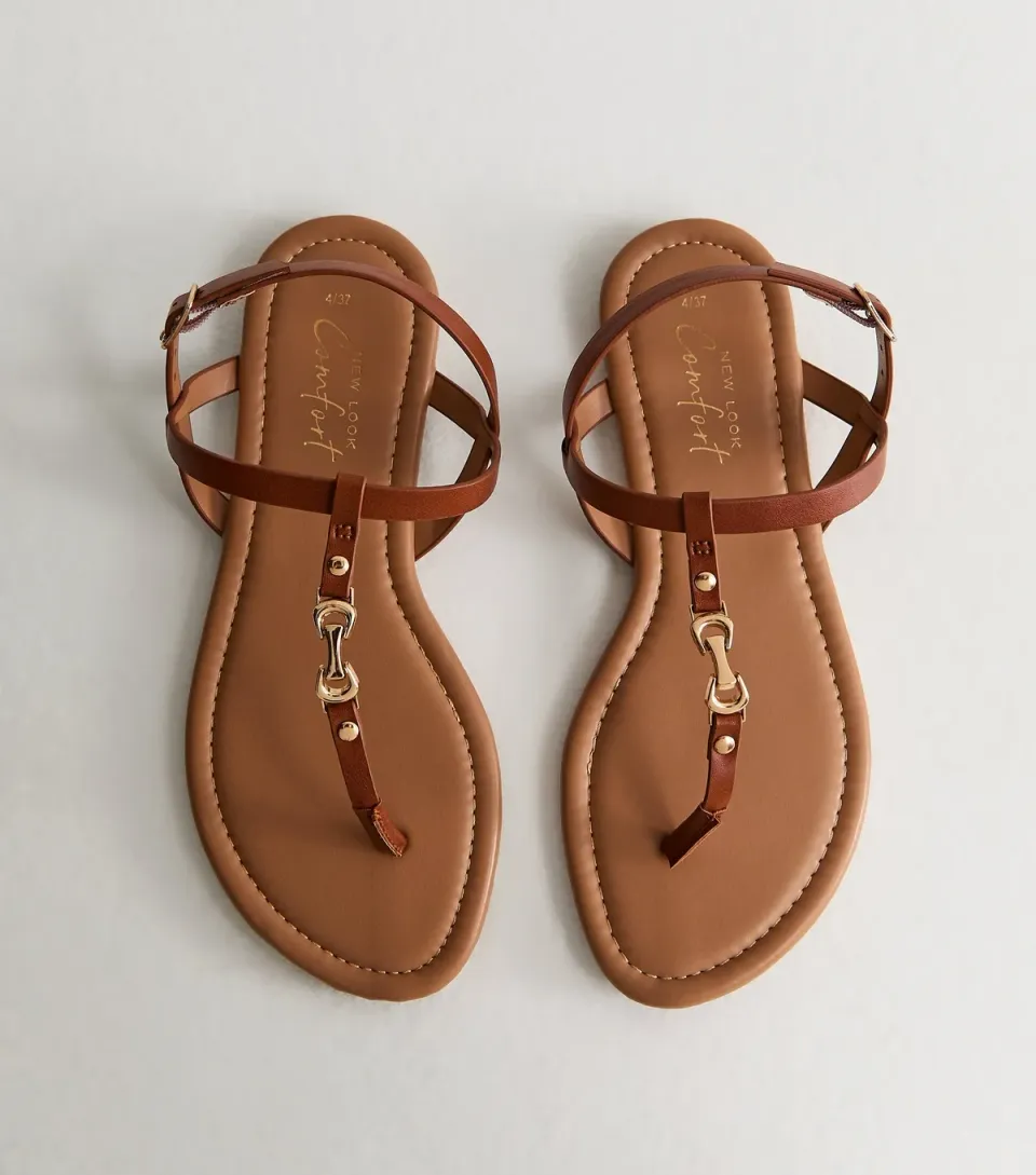 Women's Tan Faux Leather Metal Toe Post Sandals Vegan