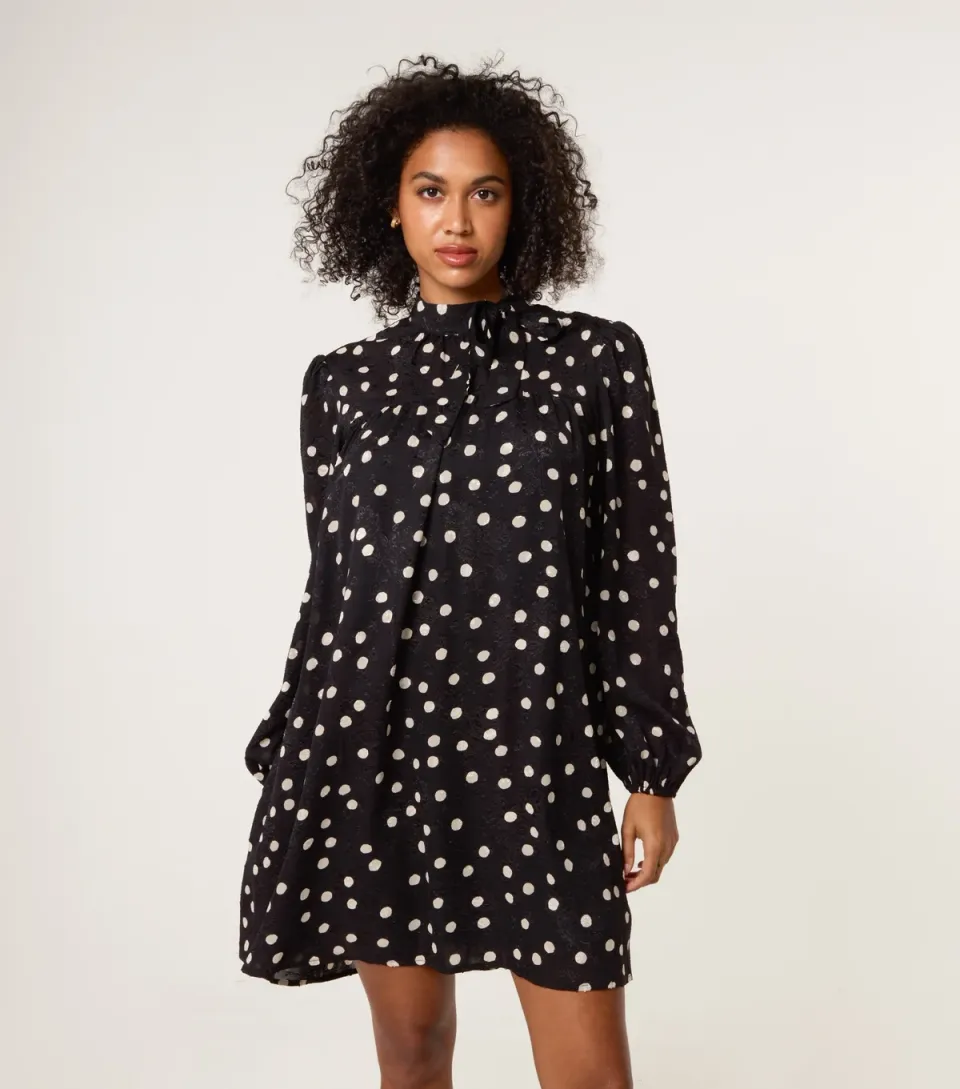 Women's Black Polka Dot Tie Neck Mini Dress