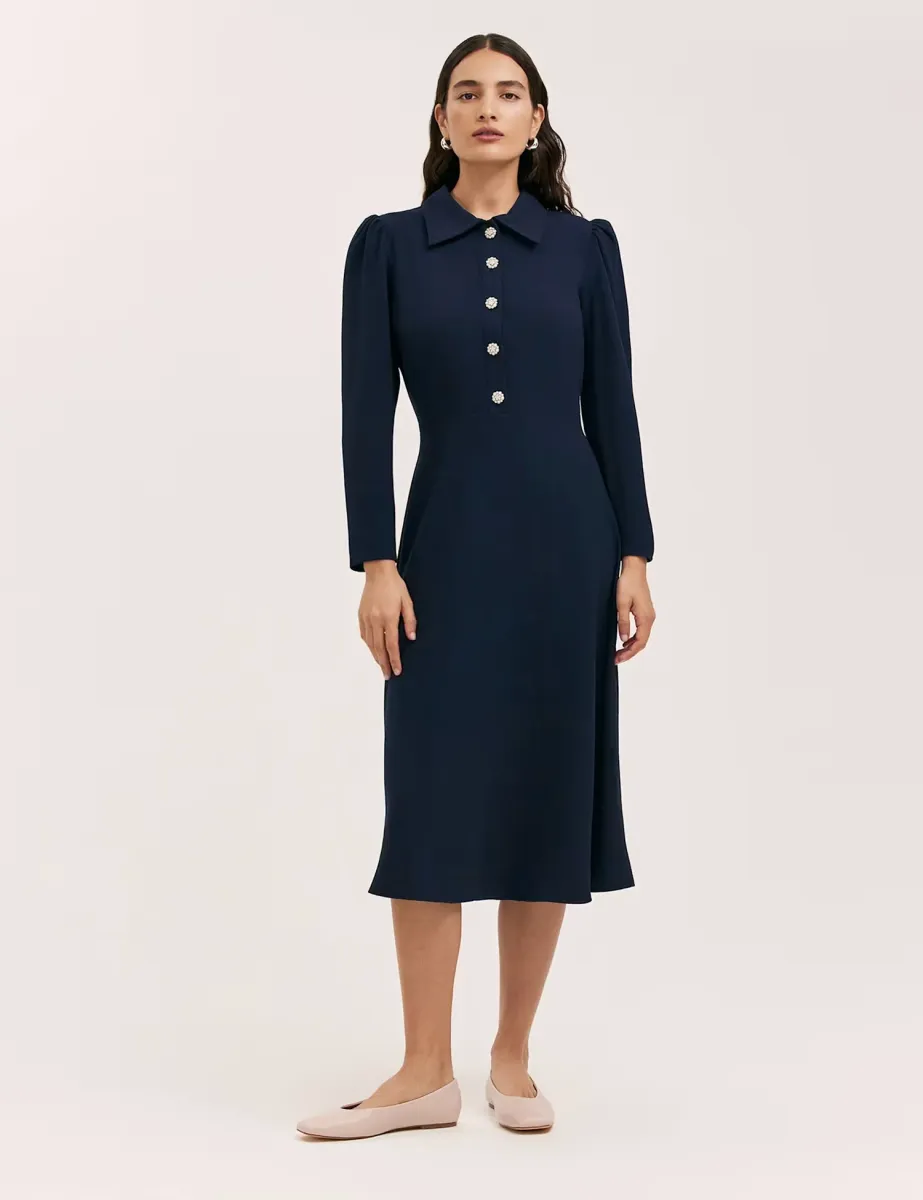 Crepe Button Front Midi Shirt Dress Navy