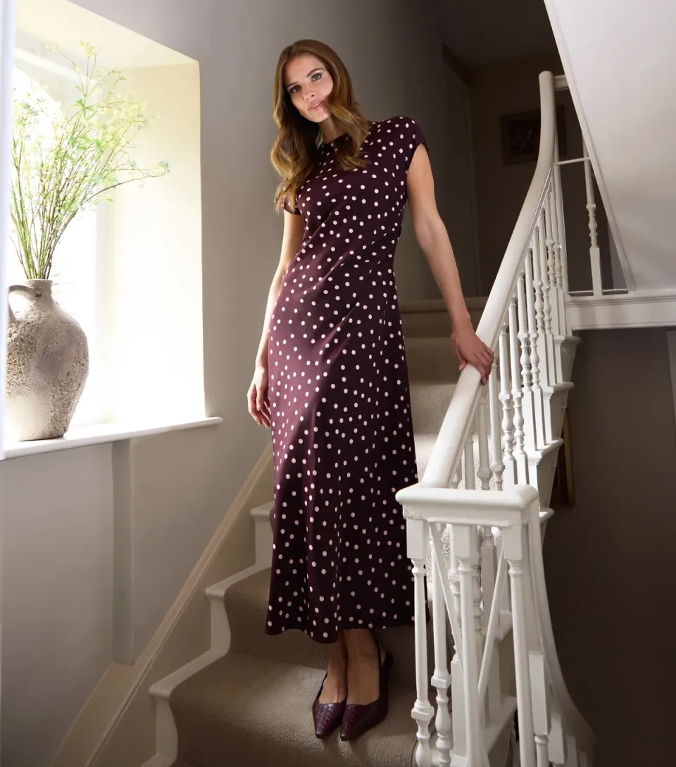Women's Burgundy Polka Dot Midi Dress