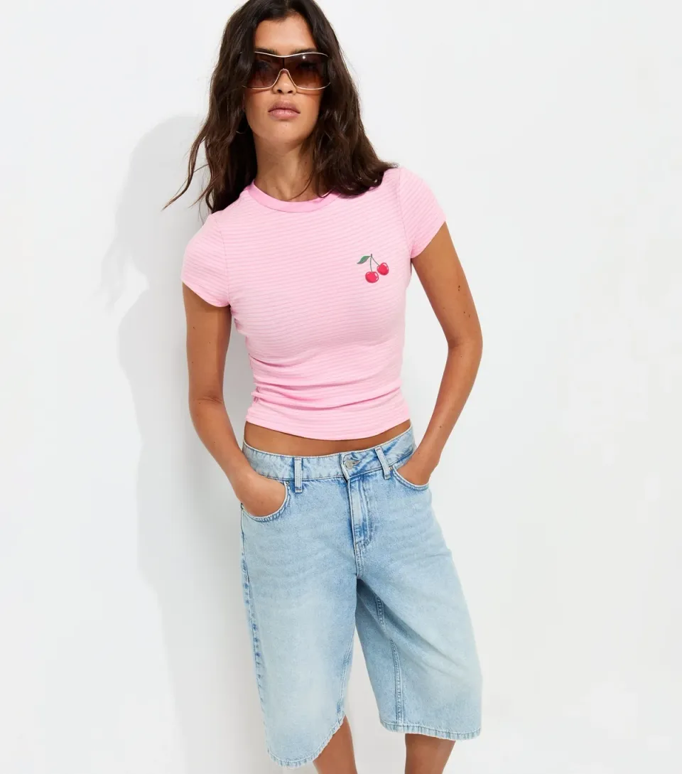 Women's Pink Cotton Rich Striped Cherry Print Baby Tee T-Shirt