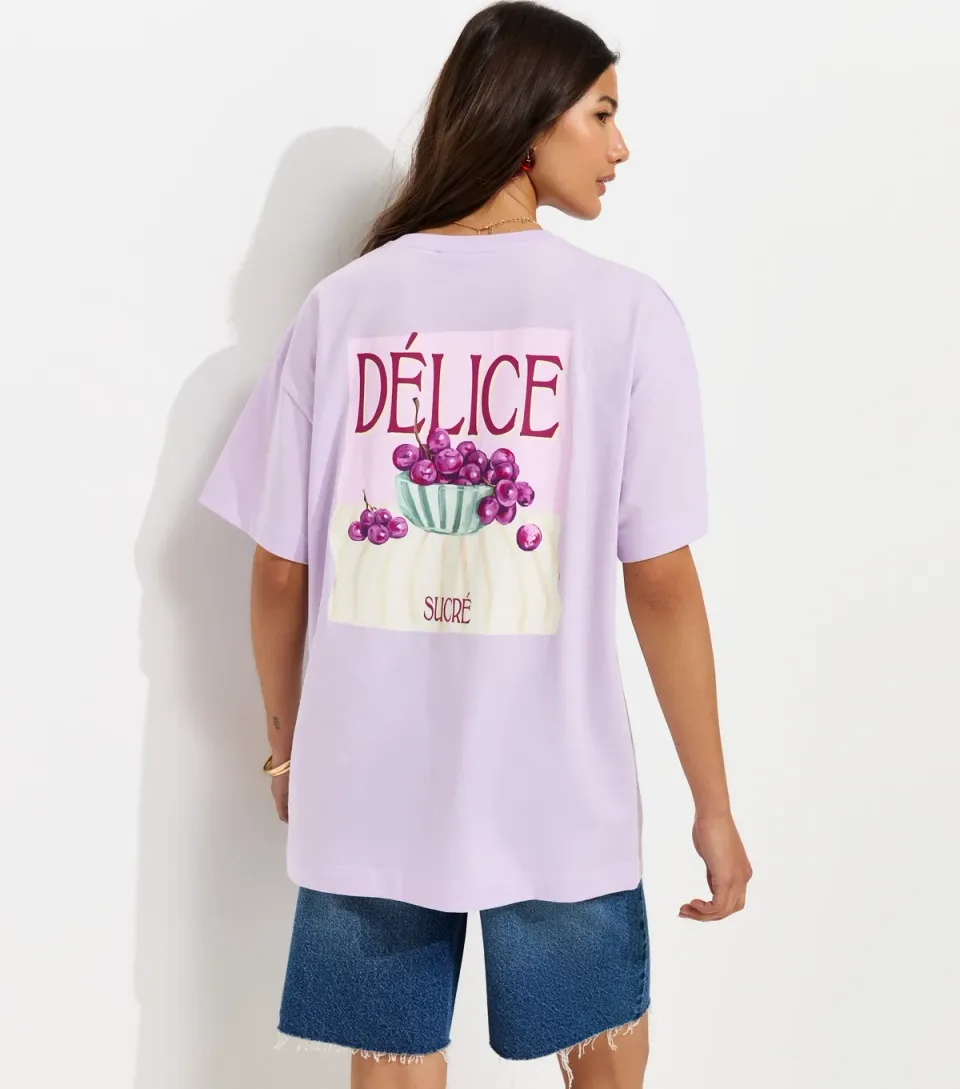 Women's Lilac Cotton Délice Print Oversized T-Shirt