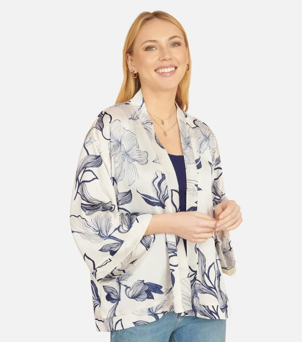 Women's White Floral Print Kimono Jacket