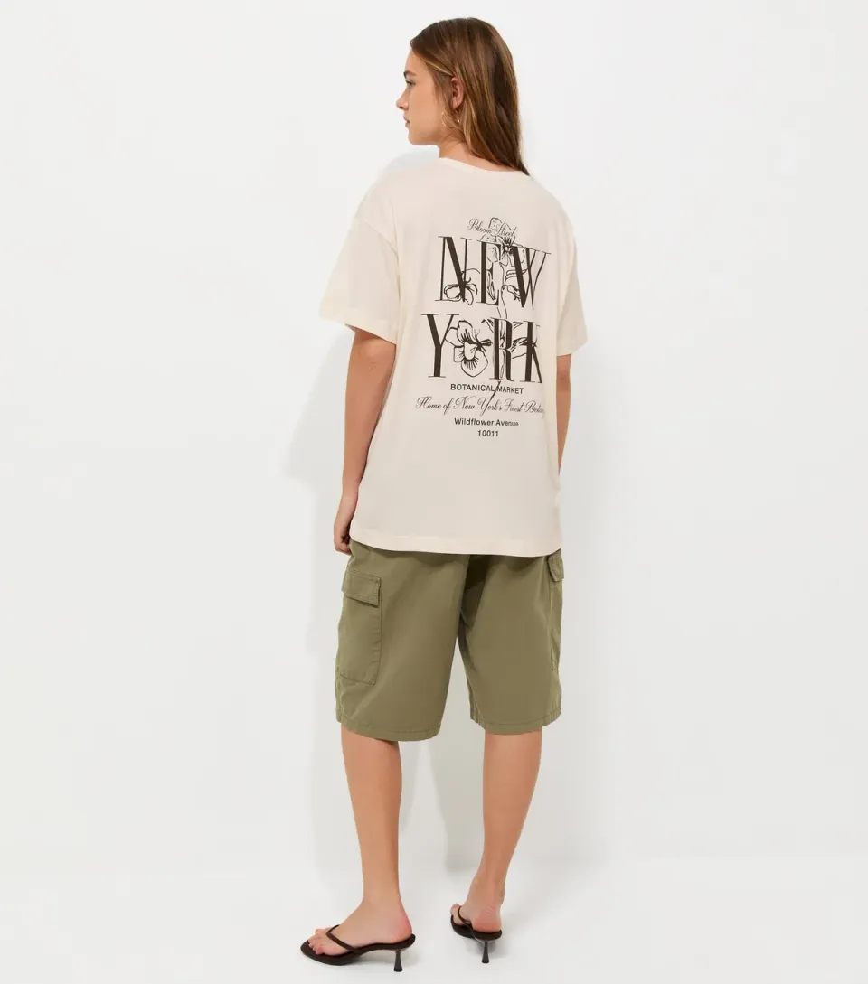 Women's Off White Cotton New York Logo Oversized T-Shirt