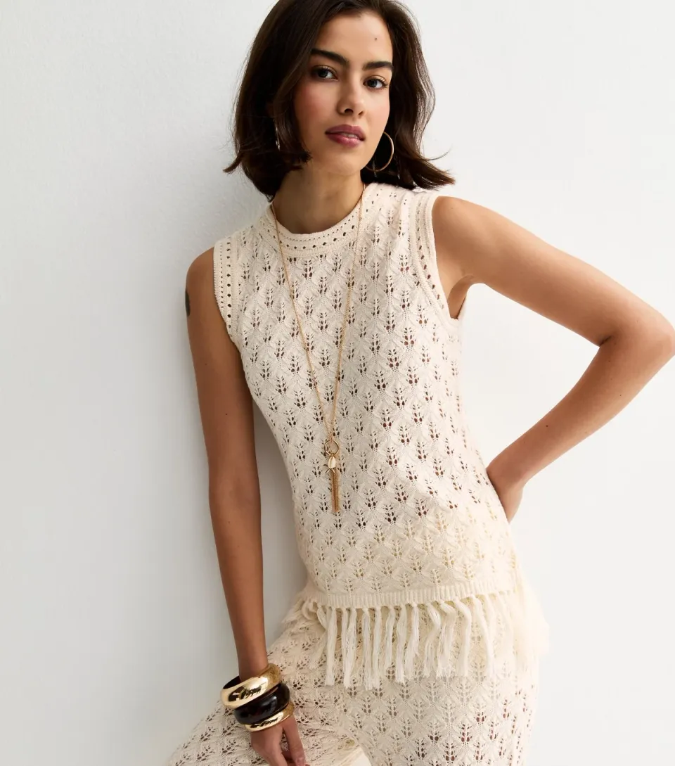Women's Cream Cotton Rich Patterned Longline Tassel Vest