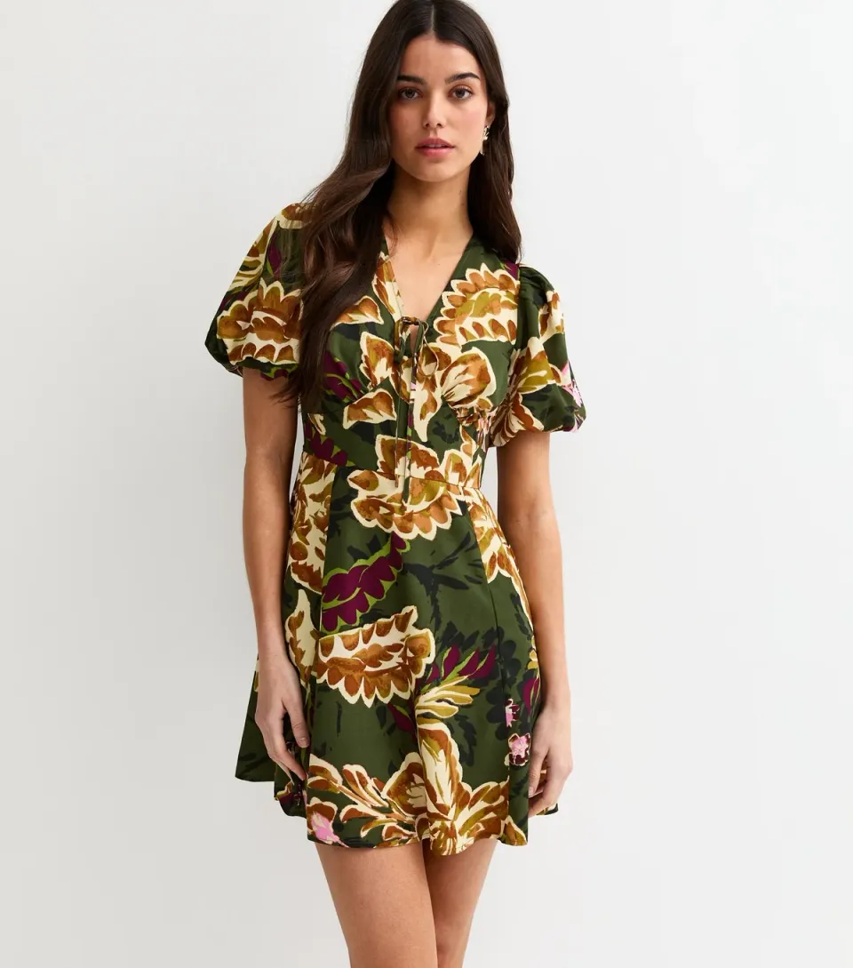 Women's Green Floral Tie Front Mini Dress