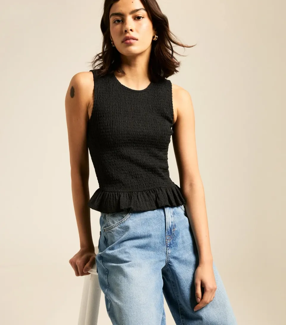 Women's Black Shirred Peplum Hem Top